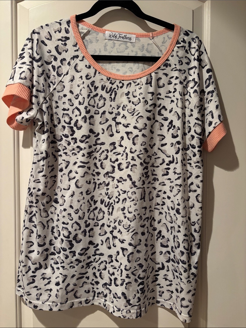 Wild Feathers Leopard Print Tee with Coral Trim